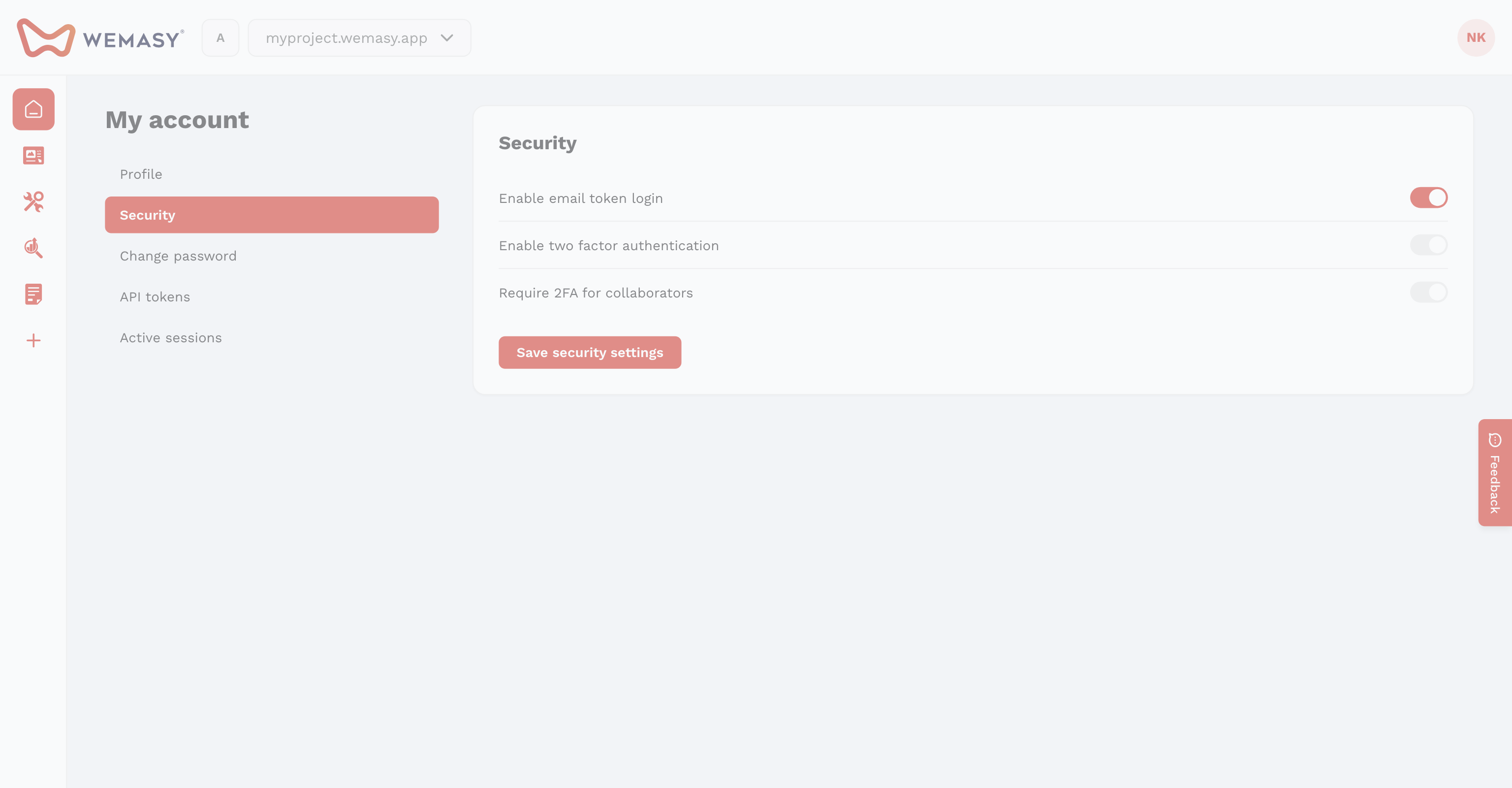 Η οθόνη API tokens του WEMASY στην ασφάλεια λογαριασμού