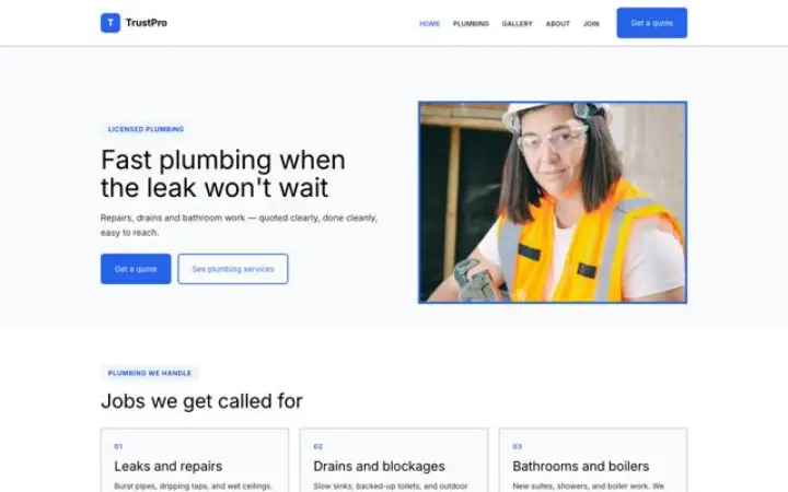 Παράδειγμα θέματος TrustPro για υδραυλικές εργασίες